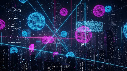 Abstract Futuristic Cityscape with Glowing Digital Network Overlay and Spheres