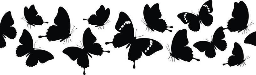 Butterfly silhouette vector set, black flying poses, wing shape variety, nature clipart, insect icon, decorative design, artistic flight illustration © MstMaher