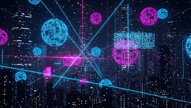 Abstract Futuristic Cityscape with Glowing Digital Network Overlay and Spheres