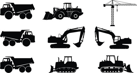 Construction vehicle silhouette vector set, black heavy equipment icons, dump truck, excavator, bulldozer, crane, loader clipart, industrial machinery illustration © MstMaher
