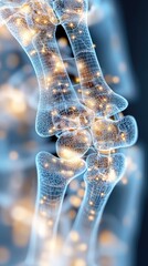 A 3D render of human bones with glowing neural network connections, representing medical technology and the human body.