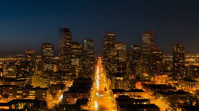 Captivating nighttime cityscape view of Denver Colorado skyscrapers and city lights, aerial shot