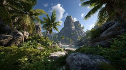Lush tropical landscape with palm trees and rocky cliffs under a clear blue sky at midday