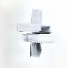 Abstract composition of brush strokes in black, white, and gray on a white background.