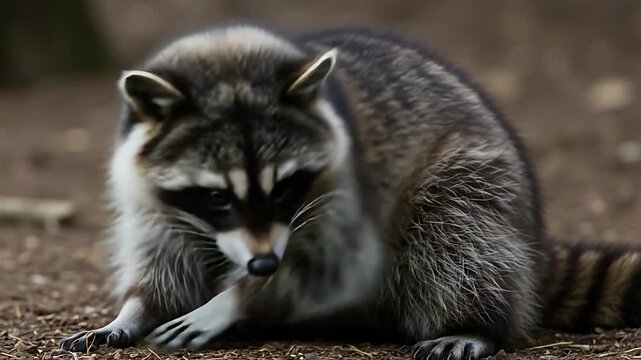 Charming Raccoon in Natural Habitat Close-Up Video: Wildlife Scene featuring a Wild Animal
