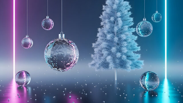 A modern holiday celebration background with a glowing Christmas tree and transparent glass ornaments in vibrant neon pink and blue light