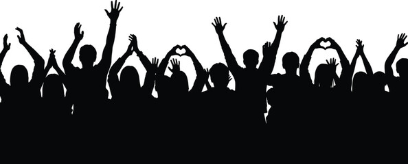 Crowd silhouette vector illustration, raised hands, heart gesture, unity celebration, black people shapes, public gathering clipart, protest, concert, support icons
