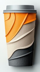 A stylized coffee cup with a textured design in various shades of orange, beige, and gray, set against a clean white background.