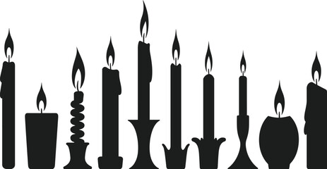 Black silhouette collection of burning candles with flames, vector illustration of candlelight, wax candles design for decoration, spirituality, relaxation, and holiday themes