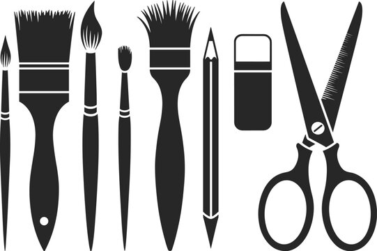 Black silhouette art tools collection with paintbrushes, pencil, eraser, and scissors, vector illustration for drawing, painting, education, creativity, and design themes