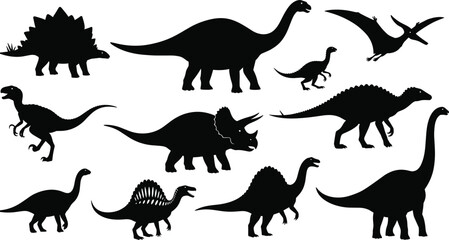 Dinosaur silhouette vector set, black prehistoric animal icons, stegosaurus, triceratops, pteranodon, spinosaurus clipart, extinct species illustration, side profile shapes