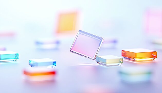 A collection of colorful, transparent cubes floating in a soft, diffused light environment. The cubes are arranged in a scattered pattern, creating a sense of m