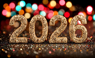 2026 Happy New Year Illustration with Gold Glitter Number and Colorful Bokeh Lights on Vibrant Particle Background. Vector Christmas Holiday Season Design with Typography Lettering for Greeting Card