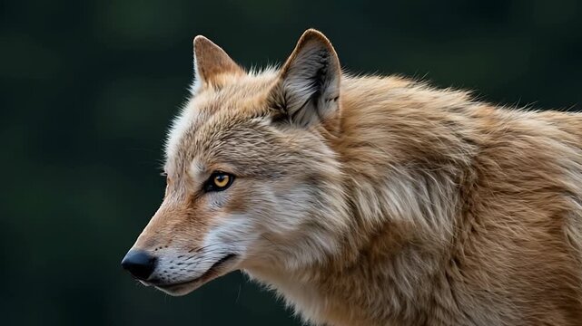 Close-up profile of a majestic wild golden wolf in its natural habitat, with detailed fur and