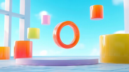 An abstract composition featuring colorful geometric shapes, including cylinders and a ring, floating against a bright blue sky background.