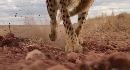 Close up of cheetah paws running on dusty ground in dry savanna
