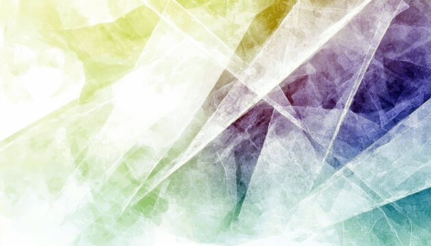An abstract artwork featuring overlapping geometric shapes with a textured appearance and a gradient of colors including green, blue, and purple.