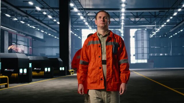 Technician walking and monitoring steel production to ensure proper manufacturing process development, engineering and coordinated workforce operation. Supervisor in the plant. Camera A.