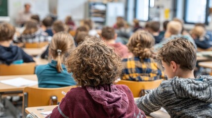 Children in classroom focused on learning during a school lesson with a teacher explaining concepts in the background