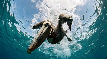 Brown pelican dives into crystal clear ocean water with fish swimming around