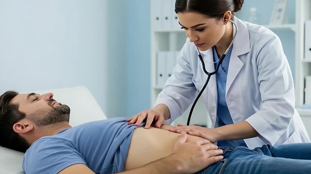 Female Doctor Examining Male Patient with Stethoscope in Clinic for Healthcare Checkup routine,