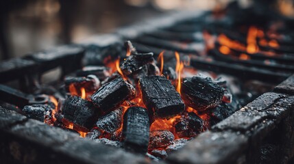 Burning charcoal fire pit ready for grilling delicious food.