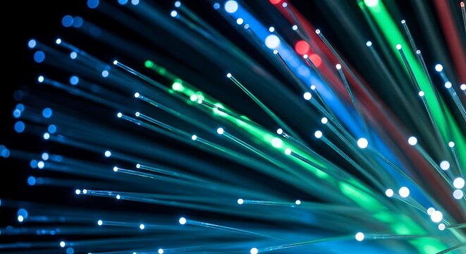 A close up view of colorful fiber optic cables on a dark background