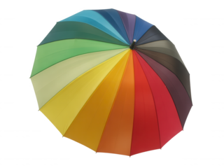 Vibrant rainbow colored umbrella open against a stark black background symbolizing protection and cheerfulness