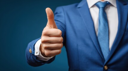 Professional person in formal attire displays an affirmative gesture against a solid colored background
