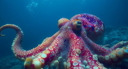 Vibrant octopus displays colorful patterns on its skin swimming in deep blue ocean over coral reef