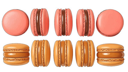 Vector illustration of a set of pink and orange French macaron cookies isolated on transparent background