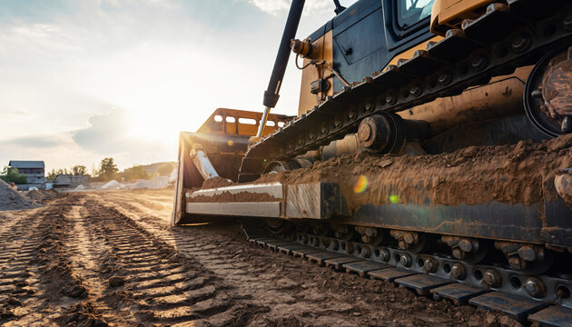 A powerful bulldozer works on a construction site, pushing earth under the bright sunlight, creating a path for future development and progress.