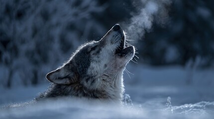 Grey wolf howling in a snowy winter landscape