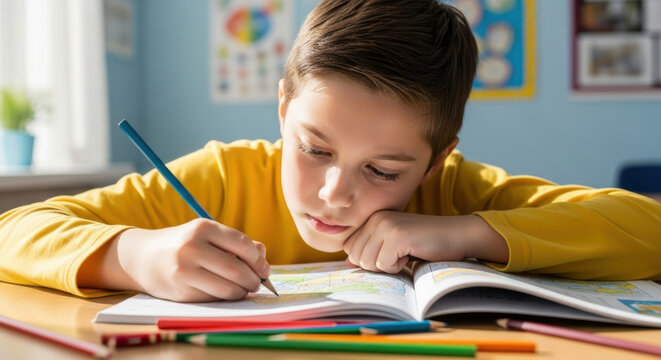 Curious focused schoolboy doing homework in notebook at desk in bright classroom, elementary age child practicing writing skills with colored pencils during afternoon study time