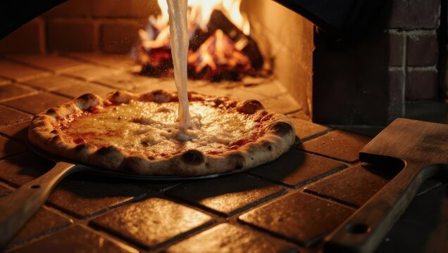 Pizza baking in a wood-fired oven with flames and tools.