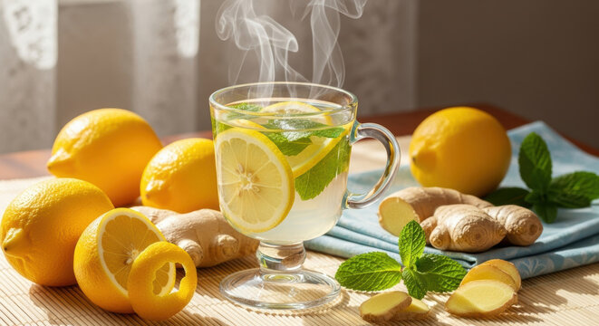 Refreshing hot lemon ginger tea with fresh mint leaves in glass cup on wooden table surrounded by whole lemons, ginger roots and natural morning sunlight steam rising - Powered by Adobe