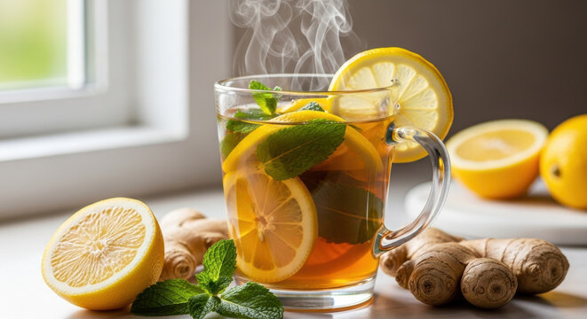 Hot ginger lemon tea with fresh mint leaves in glass cup on kitchen windowsill, aromatic steam rising with whole lemons and ginger roots creating cozy wellness atmosphere
