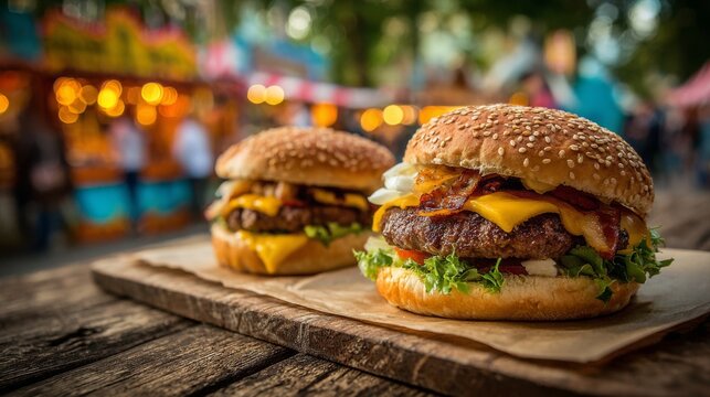 Delicious burgers served on wooden table at vibrant outdoor food festival during sunny afternoon