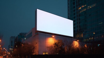Bright blank billboard stands beside a city street during twilight hours in an urban environment