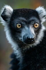 Obraz premium Unique black and white lemur with striking yellow eyes looking intently in a natural habitat setting