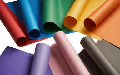 Vibrant collection of rolled colored paper sheets creating a beautiful abstract background pattern