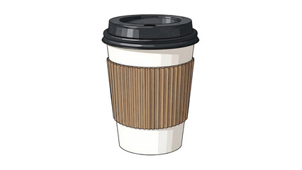 Vector illustration of a disposable paper coffee cup with a sleeve and lid on transparent background