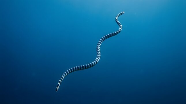 Banded sea krait snake swims gracefully in blue ocean water