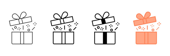 Set of minimalist gift box icons with transparent background, depicting opening presents, surprise, celebration, and festive symbols, vector illustration
