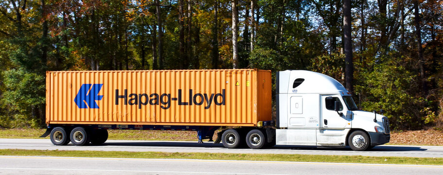 Truck with Hapag-Lloyd container on Interstate 95, North Carolina, USA