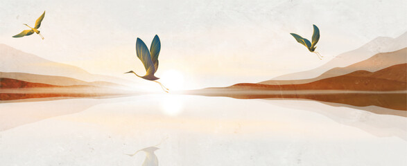 A minimalist landscape art background with cranes over a mountain lake in a watercolor style. A natural vector banner for decor, prints, wallpaper, textiles, and interiors.