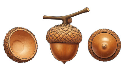 Vector illustration of a realistic brown oak acorn with cap and stem on transparent background