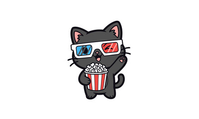 Fototapeta premium Cartoon Black Cat with 3D Glasses Holding Popcorn Bucket.