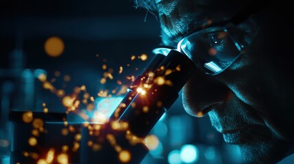 Scientist observes sample through microscope with luminous particle effects