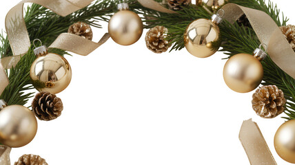 Festive christmas wreath with golden ornaments and pine cones on dark background